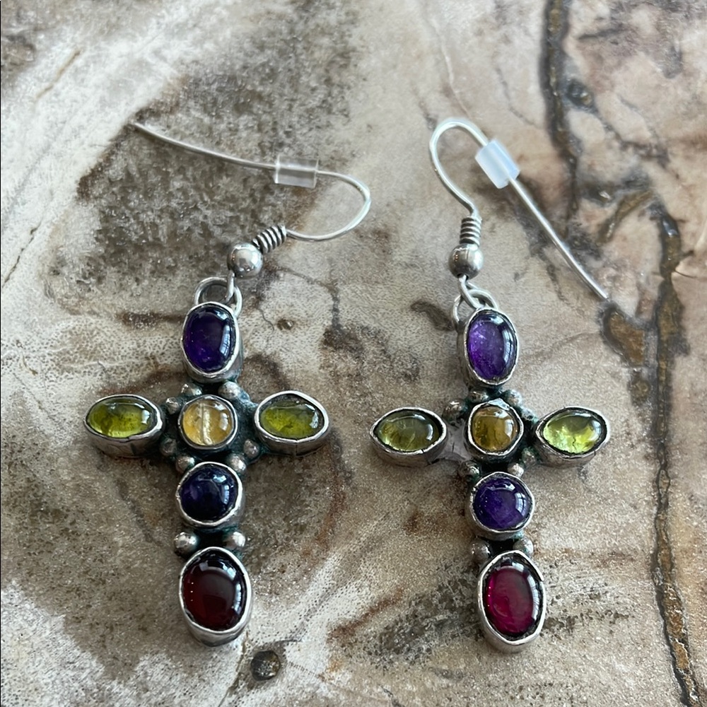 Elegant Multi-Stone Cross Earrings